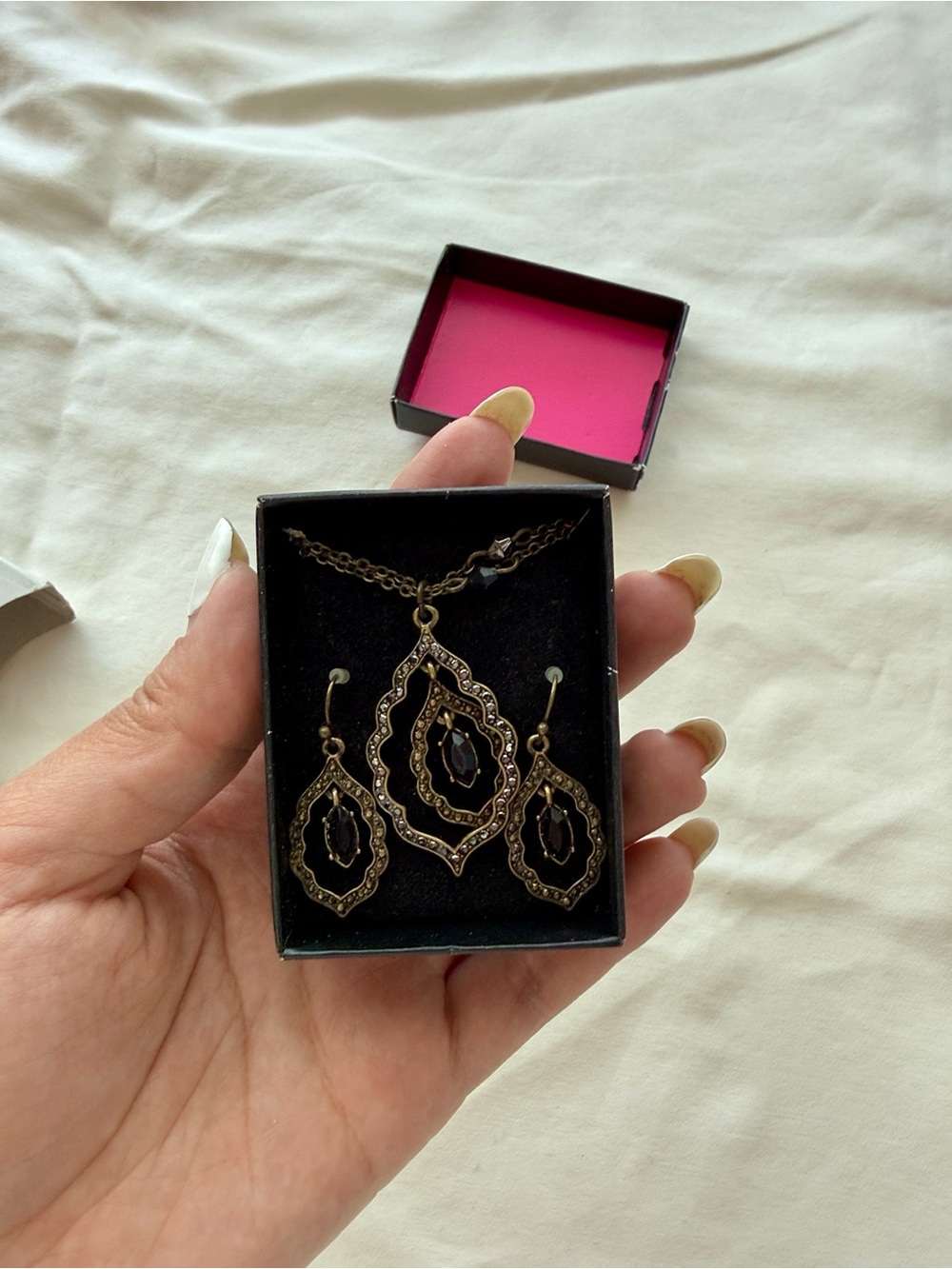 Avon Antique Gold-Tone Necklace & Earring Set with Black Stones